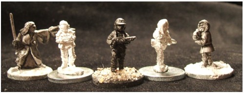 L to R: Eureka Samurai Mage, Rebel Miniatures Earthforce Marine, GZG Security Guard, Rebel Miniatures Sahadeen, GZG Scan Fed trooper